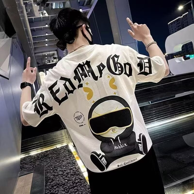 大码新款男士时尚休闲潮流短袖T恤痞帅卡通印花百搭半袖上衣