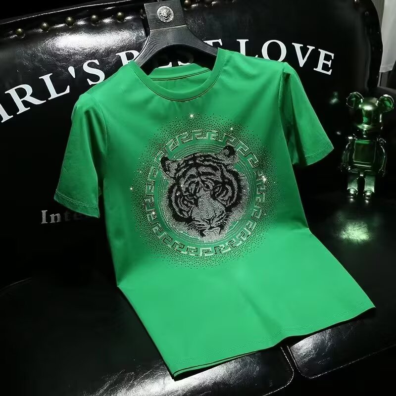 2026年新款时尚烫钻圆领短袖t恤夏装大码镶钻洋气体恤ins上衣男潮