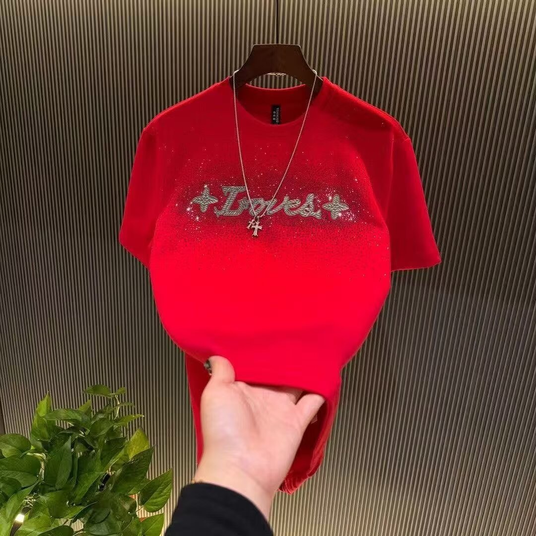 男士短袖美式潮牌个性烫钻夏季轻奢高级百搭休闲圆领T恤